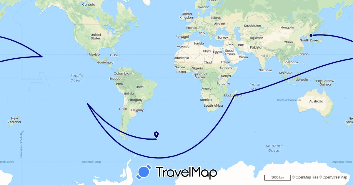 TravelMap itinerary: driving in Chile, South Georgia and the South Sandwich Islands, North Korea, Madagascar, United States (Africa, Antarctica, Asia, North America, South America)